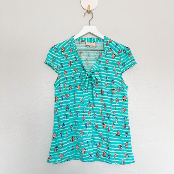 ModCloth Retro Blue Striped Sailboat Top Medium - Picture 6 of 6